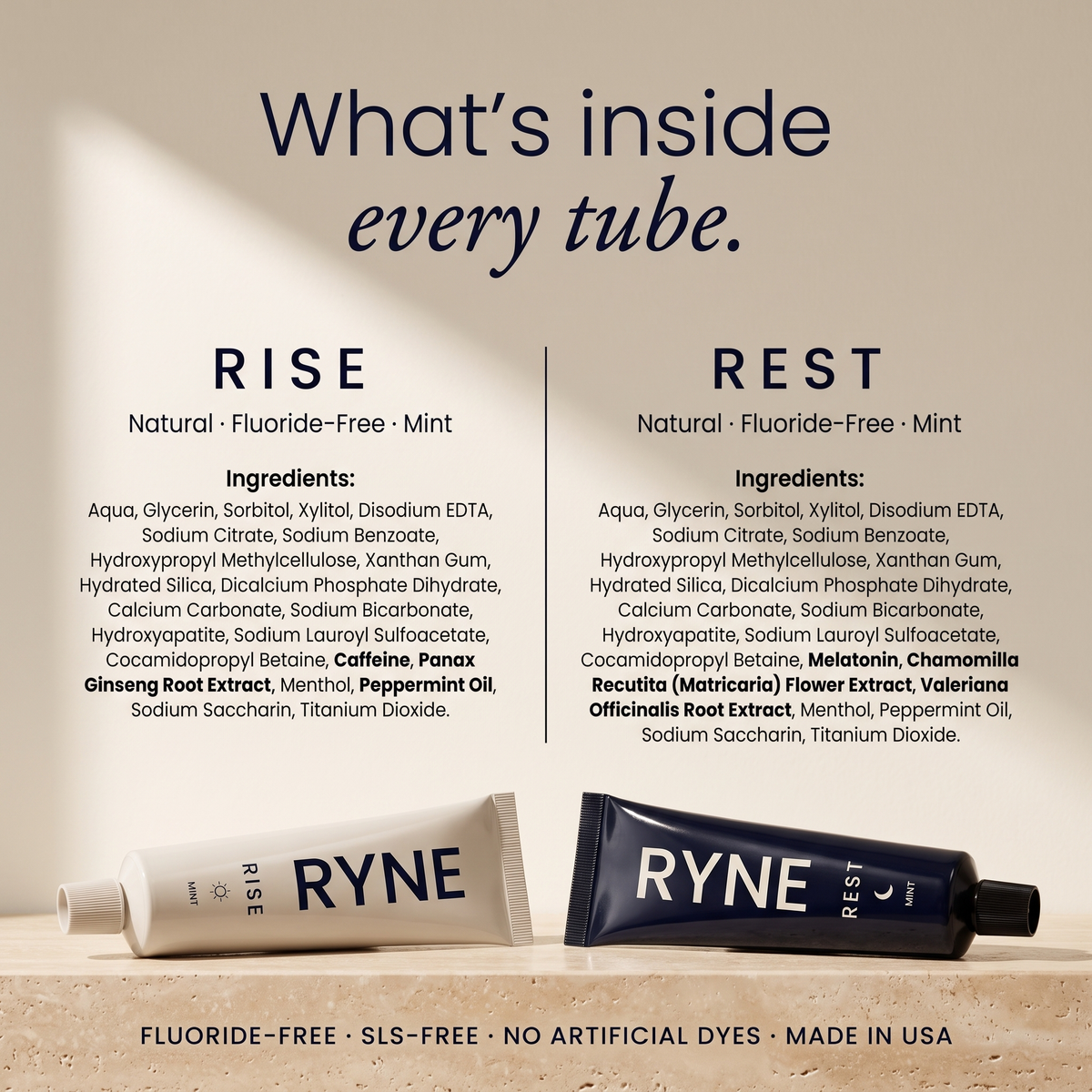 RYNE Toothpaste Bundle | Caffeine Morning + Melatonin Night Toothpaste | Rise & Rest Day and Night Set | Hydroxyapatite Whitening, Fluoride-Free, SLS-Free, Mint | 2 Pack