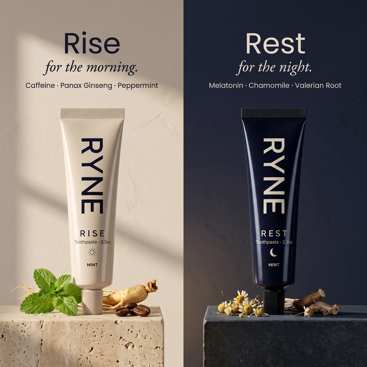 RYNE Toothpaste Bundle | Caffeine Morning + Melatonin Night Toothpaste | Rise & Rest Day and Night Set | Hydroxyapatite Whitening, Fluoride-Free, SLS-Free, Mint | 2 Pack
