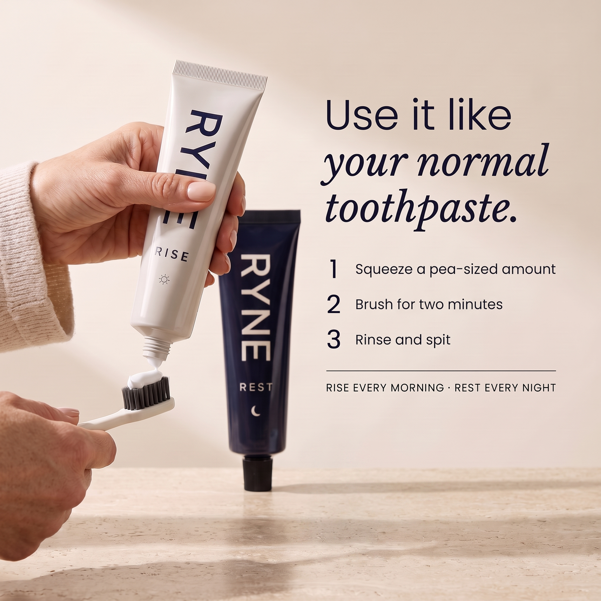 RYNE Toothpaste Bundle | Caffeine Morning + Melatonin Night Toothpaste | Rise & Rest Day and Night Set | Hydroxyapatite Whitening, Fluoride-Free, SLS-Free, Mint | 2 Pack